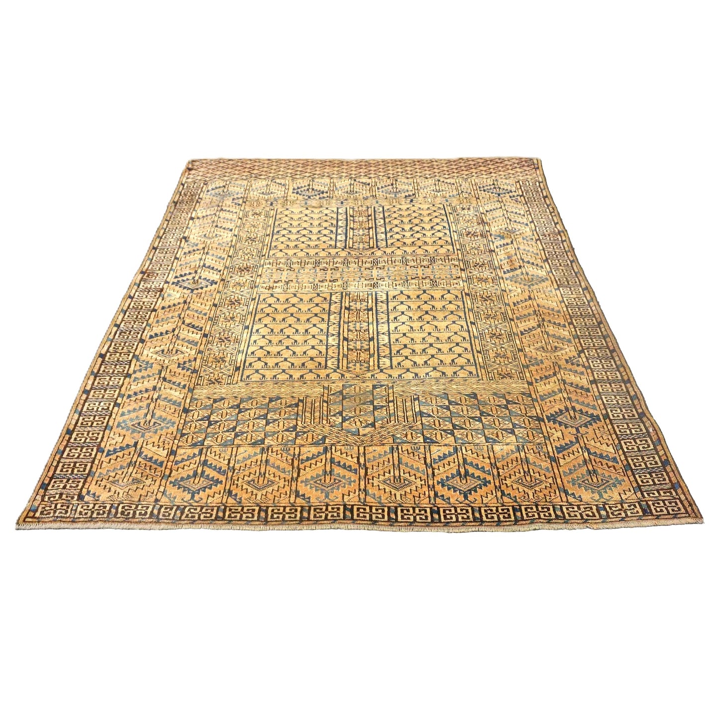 Antique Azerbaijani Turkeman Wool 4x5 Tan & Navy Handmade Area Rug #9902965