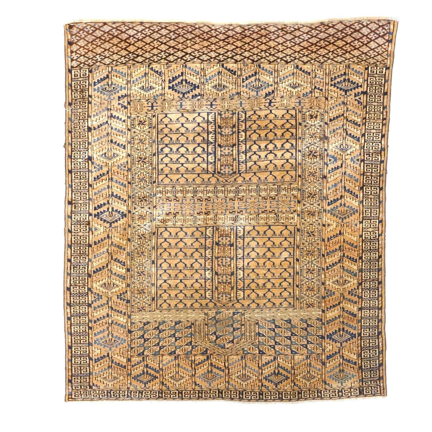Antique Azerbaijani Turkeman Wool 4x5 Tan & Navy Handmade Area Rug #9902965