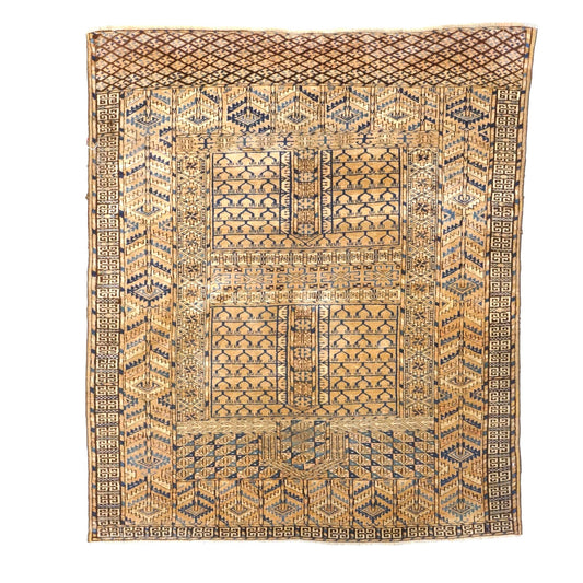 Antique Azerbaijani Turkeman Wool 4x5 Tan & Navy Handmade Area Rug #9902965