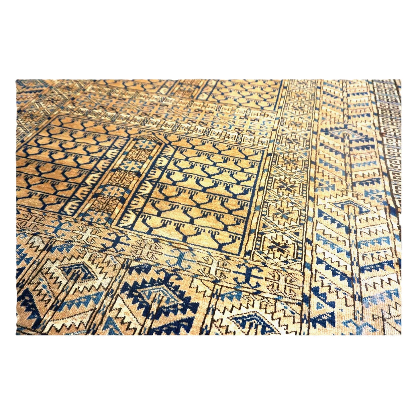 Antique Azerbaijani Turkeman Wool 4x5 Tan & Navy Handmade Area Rug #9902965
