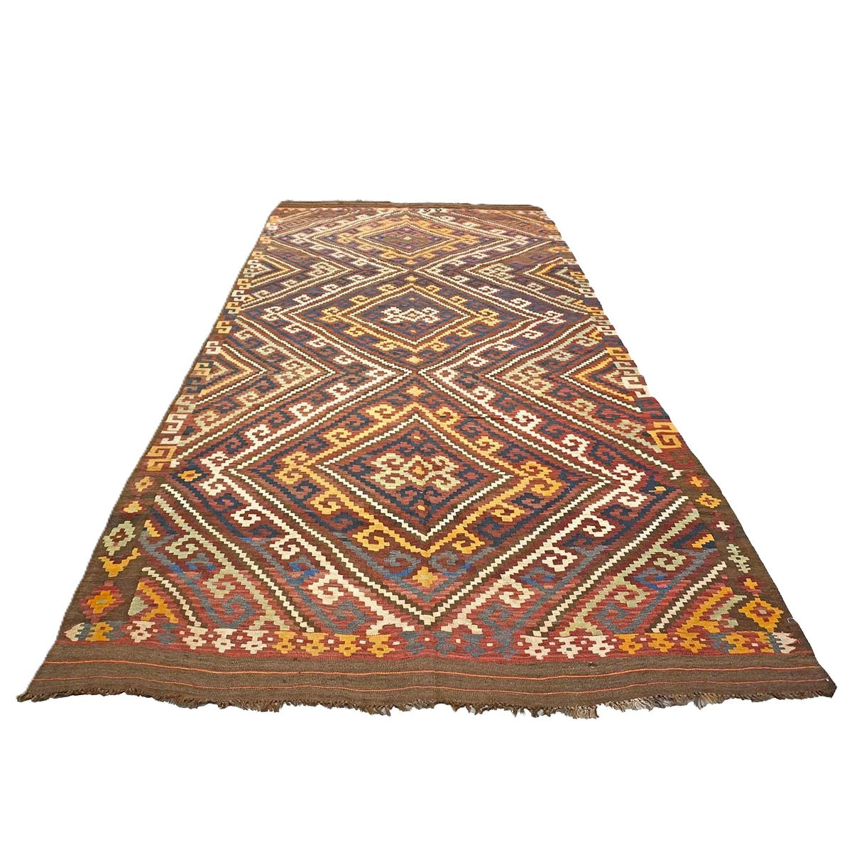 Antique Afghan Kabul Kilim Wool 7x15 Brick Red, & Yellow Handmade Gallery Rug #9902969