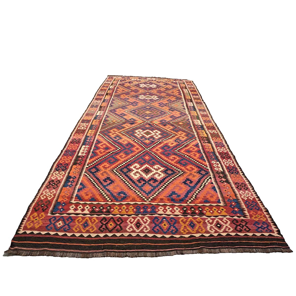 Antique Afghan Kabul Kilim Wool 8x18 Orange, Red & Blue Handmade Gallery Rug #9902970