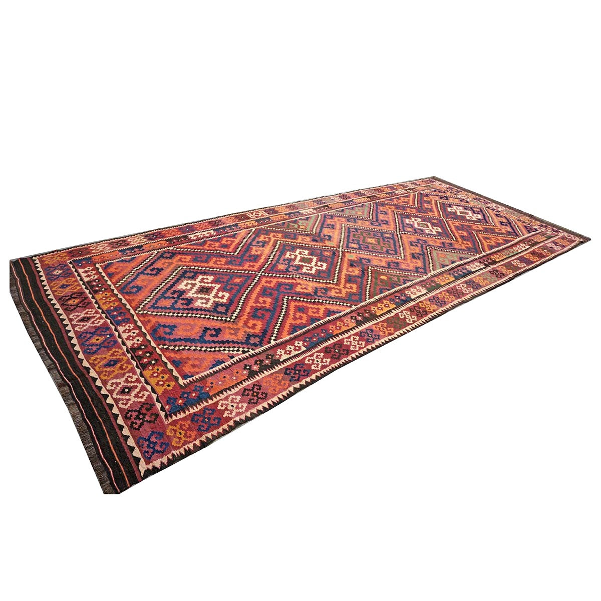 Antique Afghan Kabul Kilim Wool 8x18 Orange, Red & Blue Handmade Gallery Rug #9902970