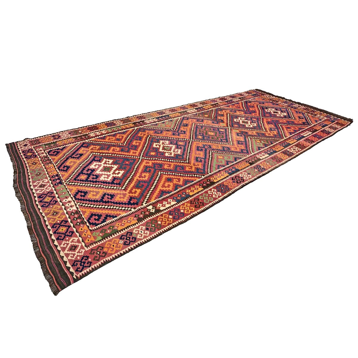Antique Afghan Kabul Kilim Wool 8x18 Orange, Red & Blue Handmade Gallery Rug #9902970