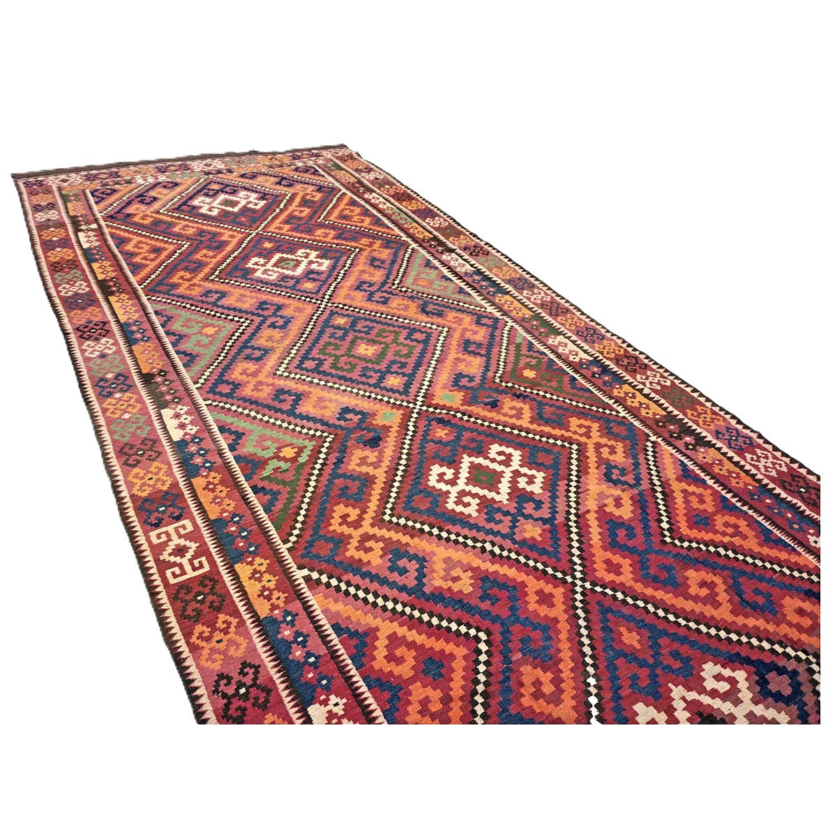 Antique Afghan Kabul Kilim Wool 8x18 Orange, Red & Blue Handmade Gallery Rug #9902970