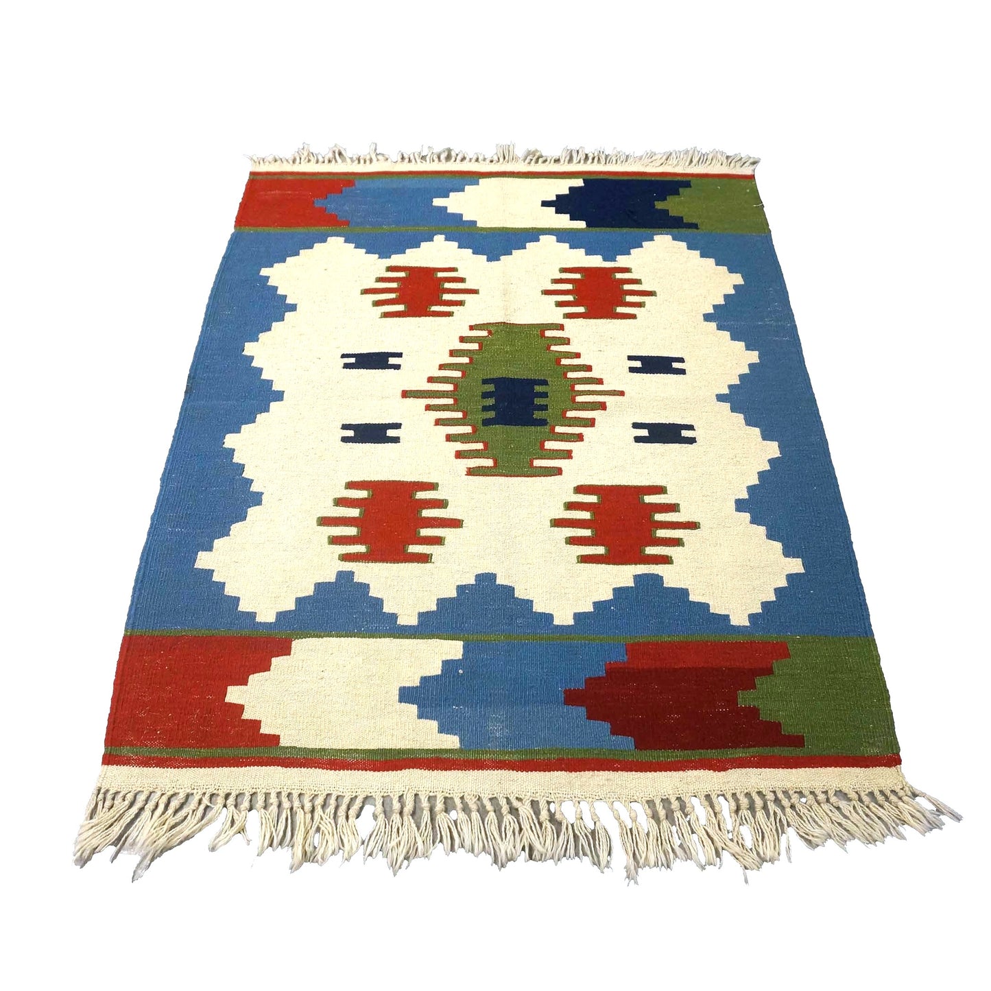 Turkish Anatolian Wool 3x4 Ivory & Blue Handmade Throw Rug # 9902971
