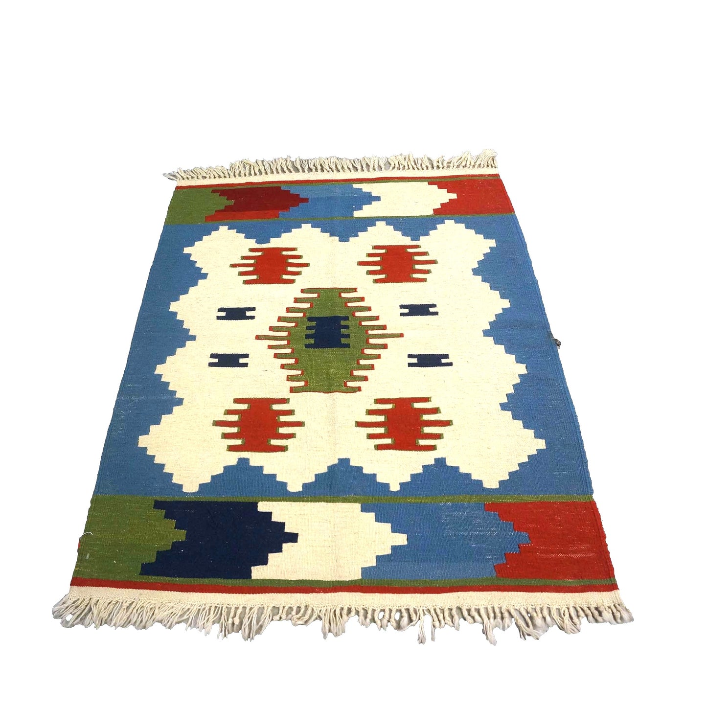 Turkish Anatolian Wool 3x4 Ivory & Blue Handmade Throw Rug # 9902971