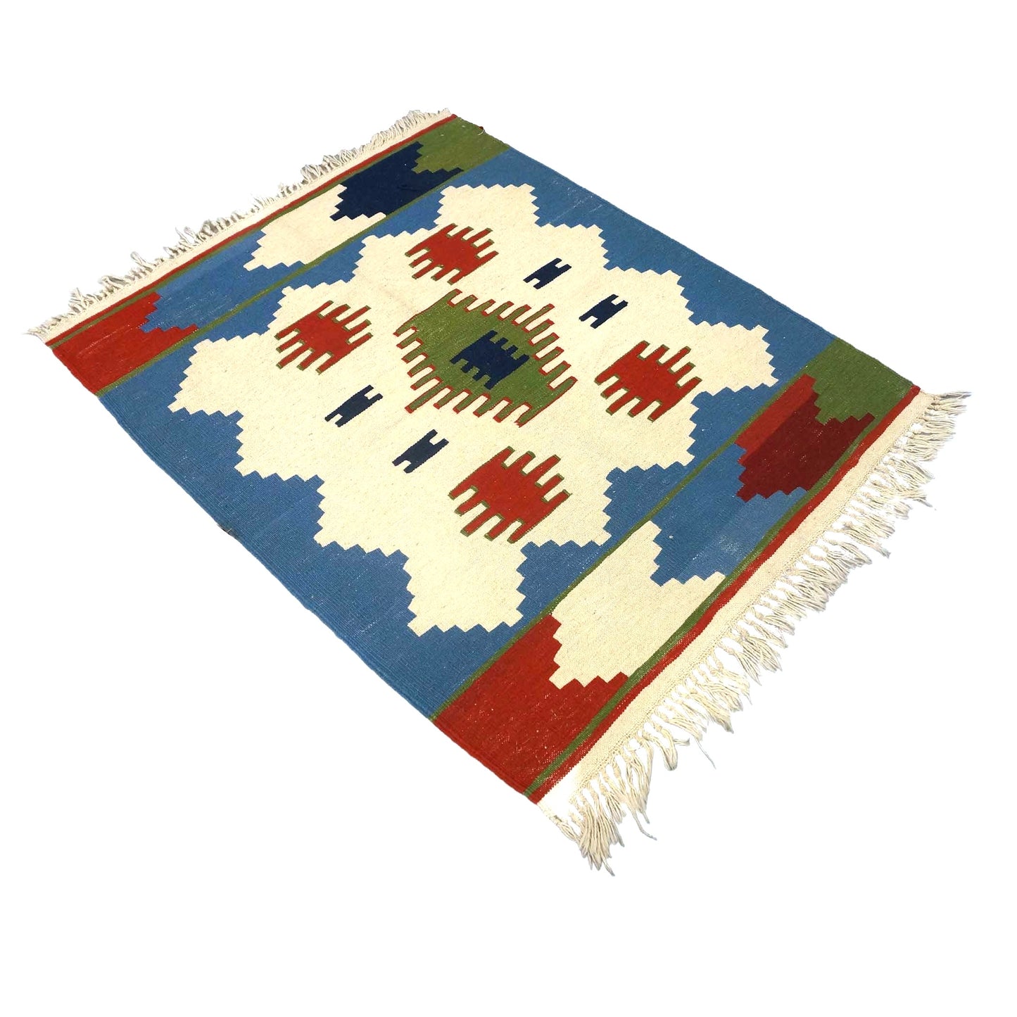 Turkish Anatolian Wool 3x4 Ivory & Blue Handmade Throw Rug # 9902971