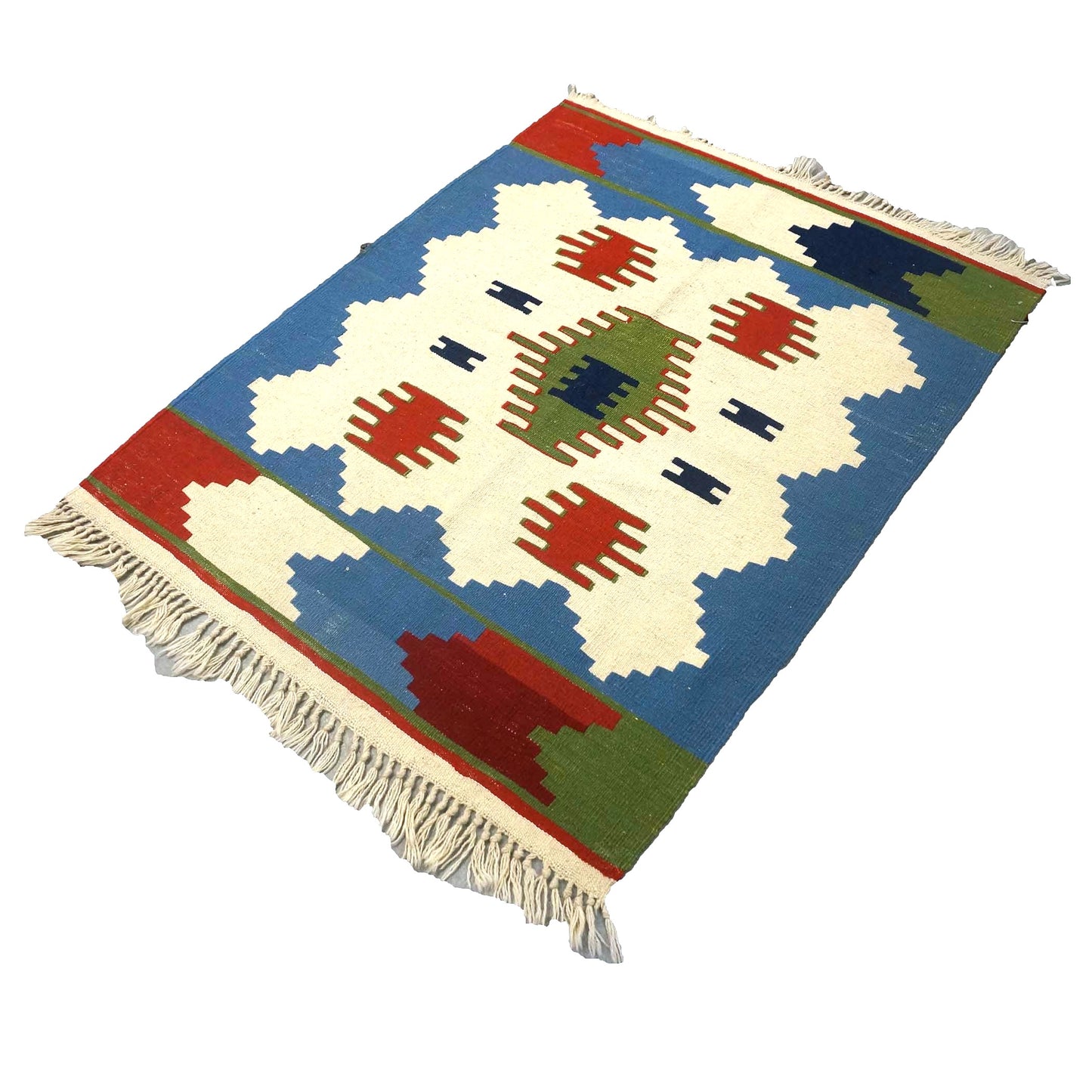 Turkish Anatolian Wool 3x4 Ivory & Blue Handmade Throw Rug # 9902971