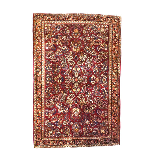 Antique Persian Sarouk Wool 4X6 Red, Orange & Ivory Handmade Area Rug #9902994