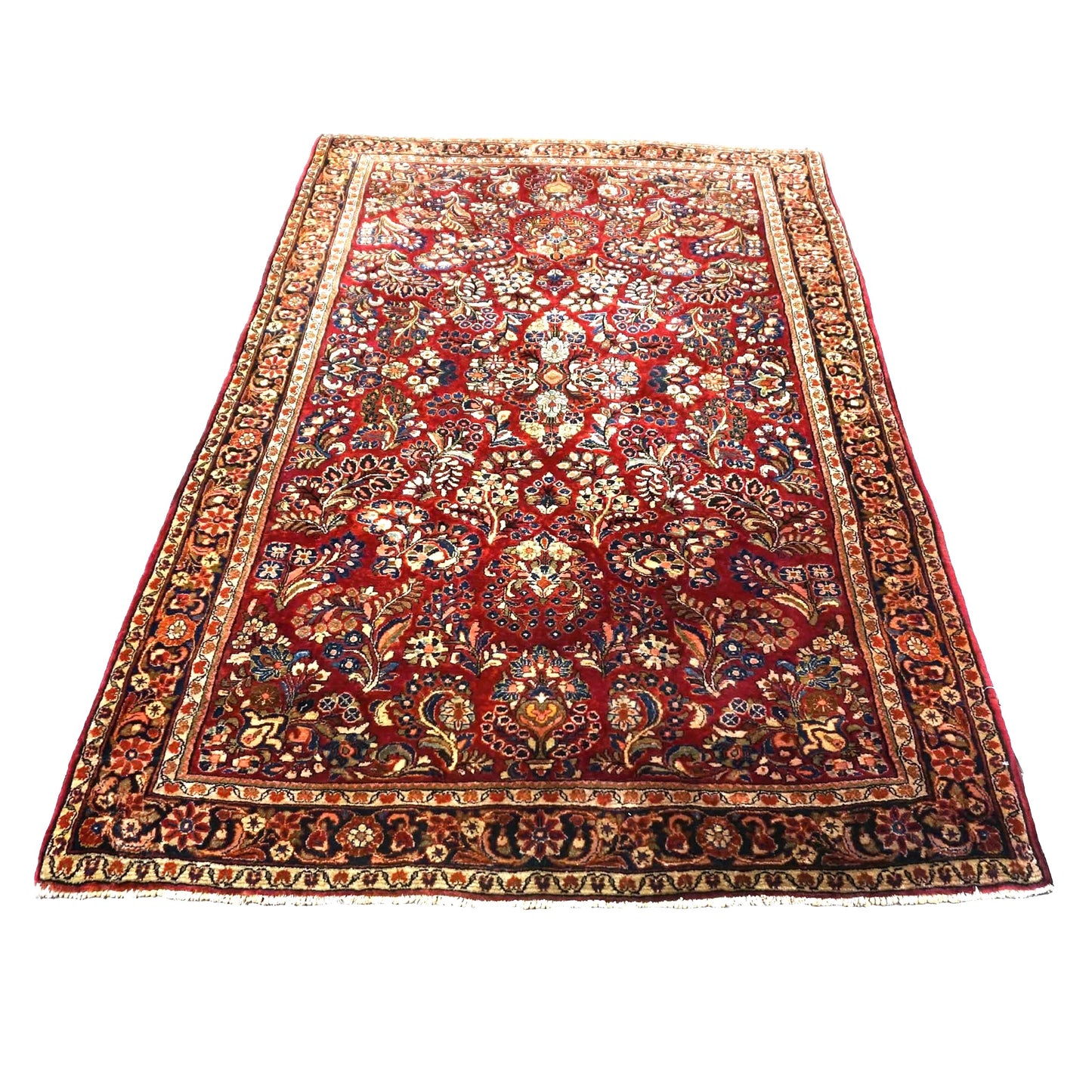 Antique Persian Sarouk Wool 4X6 Red, Orange & Ivory Handmade Area Rug #9902994