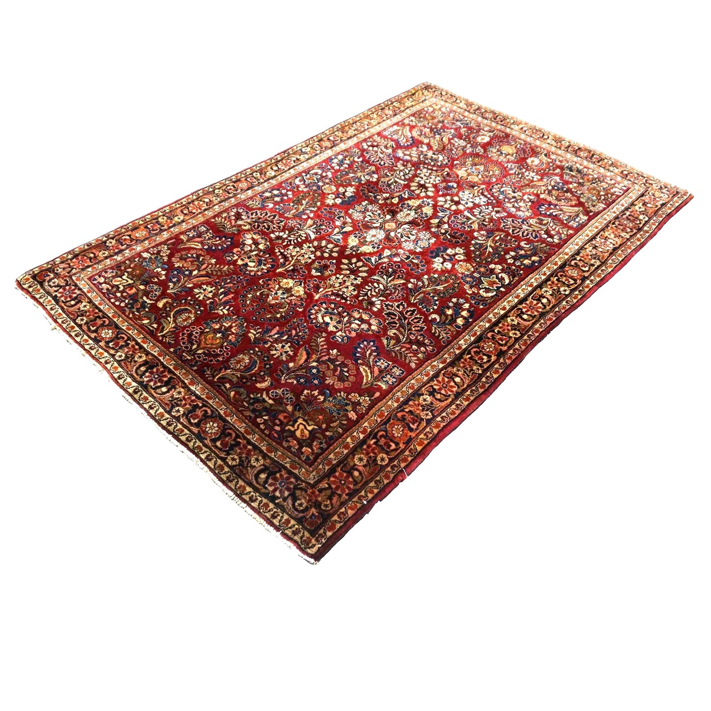 Antique Persian Sarouk Wool 4X6 Red, Orange & Ivory Handmade Area Rug #9902994