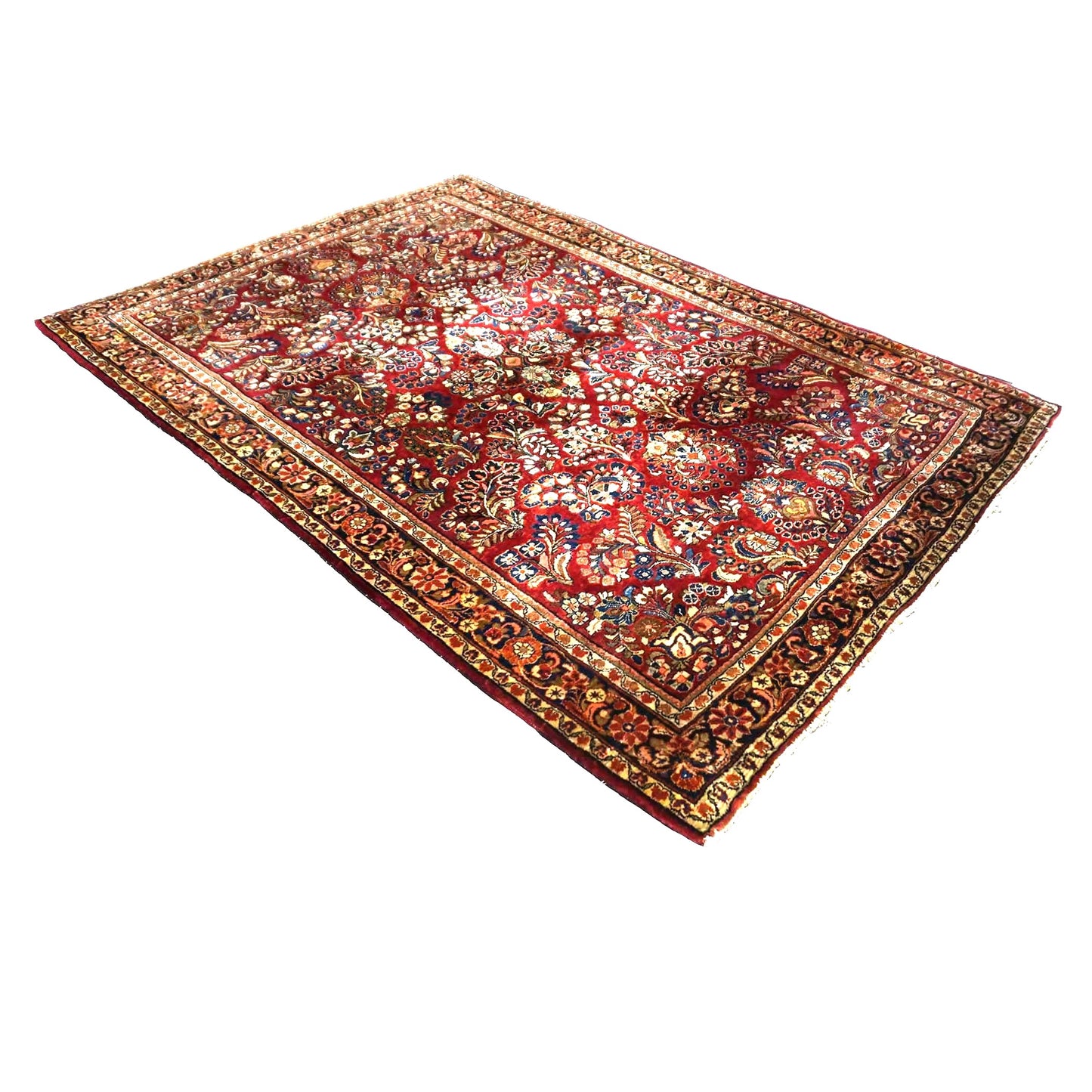 Antique Persian Sarouk Wool 4X6 Red, Orange & Ivory Handmade Area Rug #9902994