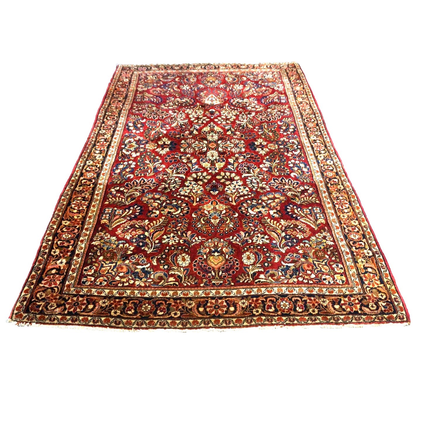 Antique Persian Sarouk Wool 4X6 Red, Orange & Ivory Handmade Area Rug #9902994