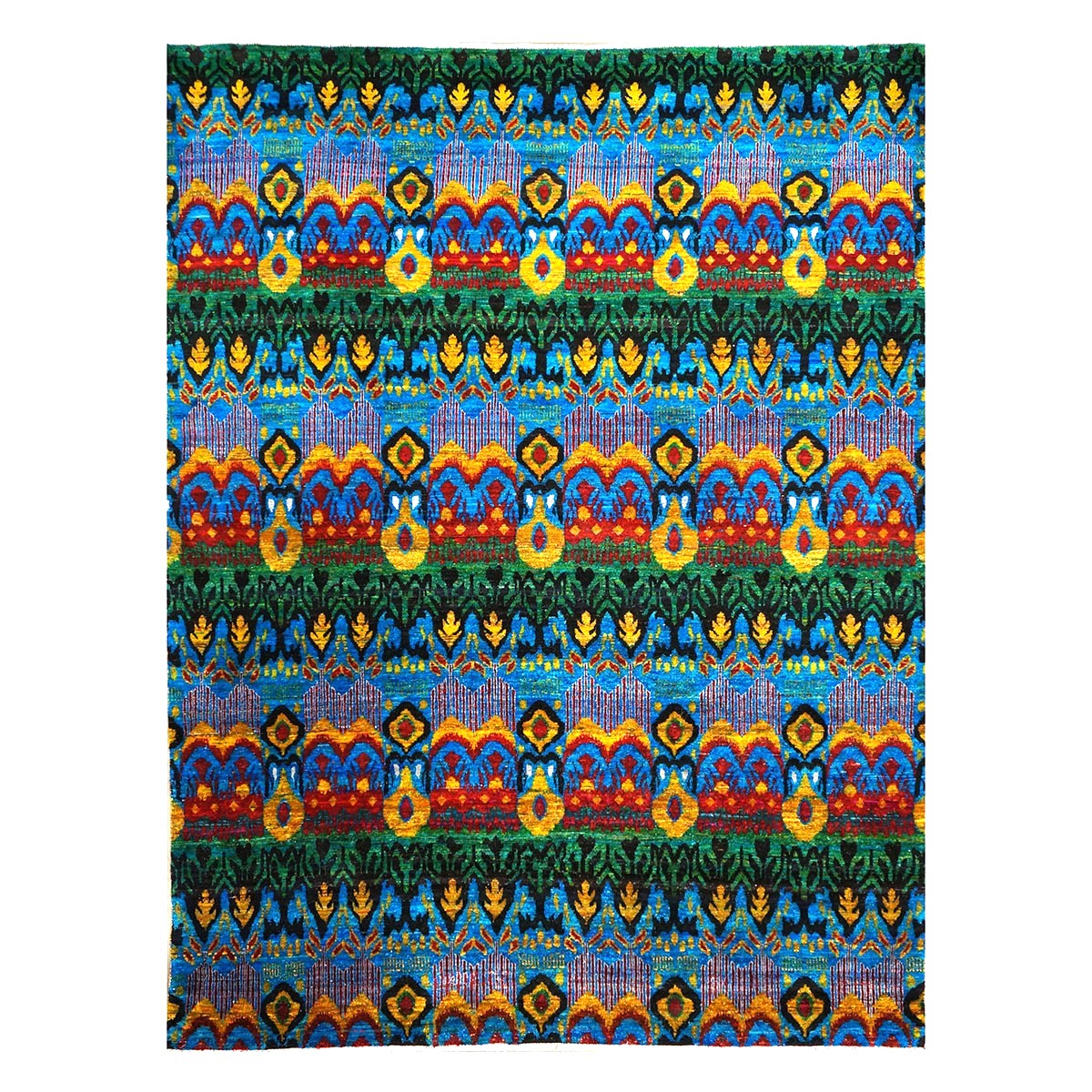 Indian Ikat Sari Silk 9x11 Green & Multicolored Handmade Area Rug #9902999