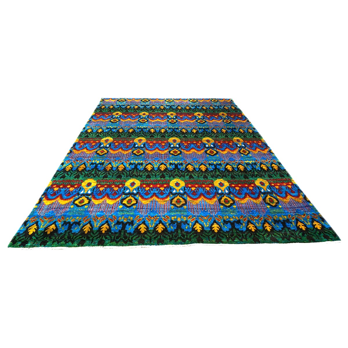 Indian Ikat Sari Silk 9x11 Green & Multicolored Handmade Area Rug #9902999