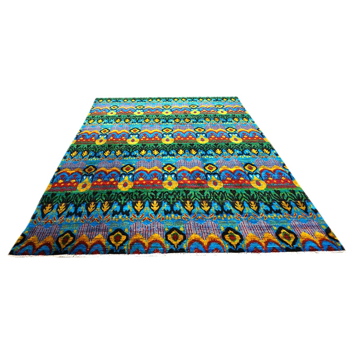 Indian Ikat Sari Silk 9x11 Green & Multicolored Handmade Area Rug #9902999