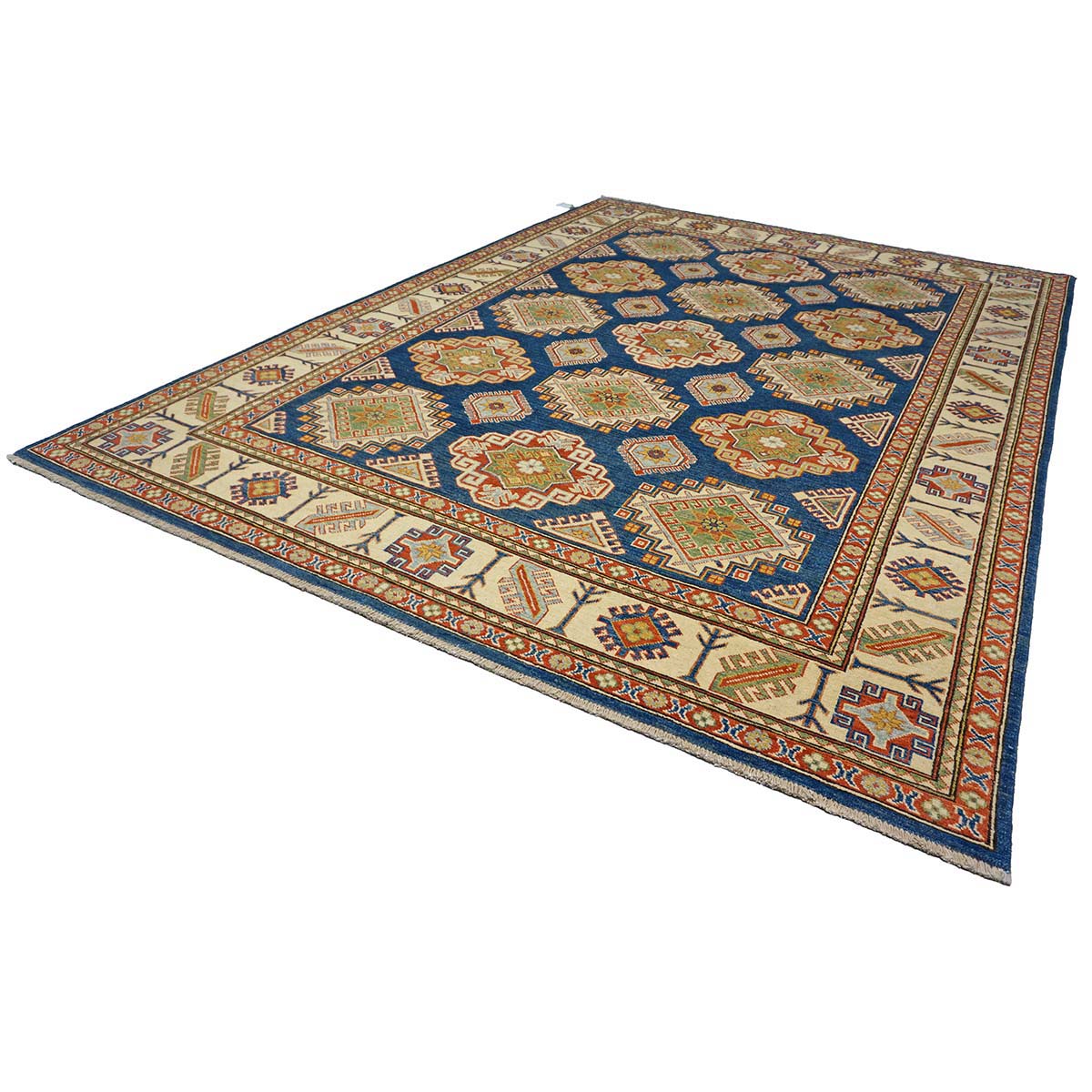 Afghan Kazak Wool 8x11 Navy, Tan & Ivory Handmade Area Rug #B-131