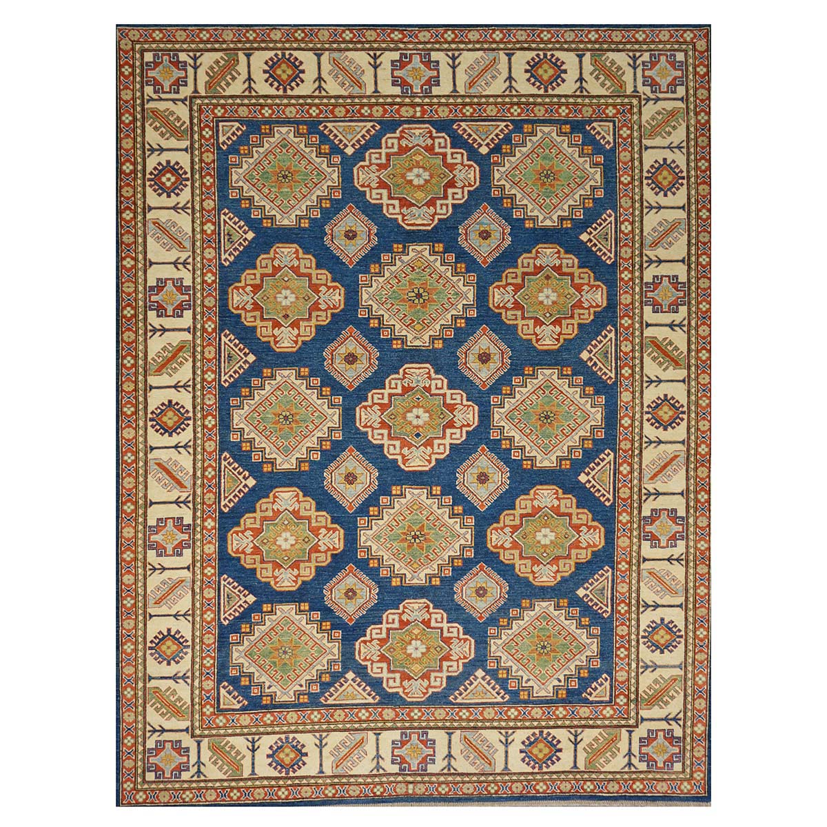 Afghan Kazak Wool 8x11 Navy, Tan & Ivory Handmade Area Rug #B-131