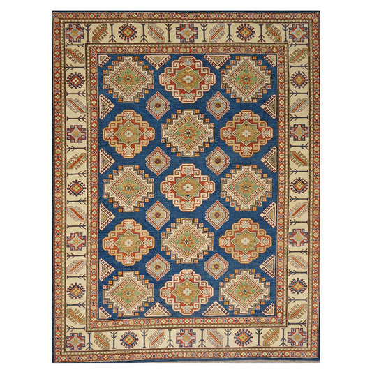 Afghan Kazak Wool 8x11 Navy, Tan & Ivory Handmade Area Rug #B-131