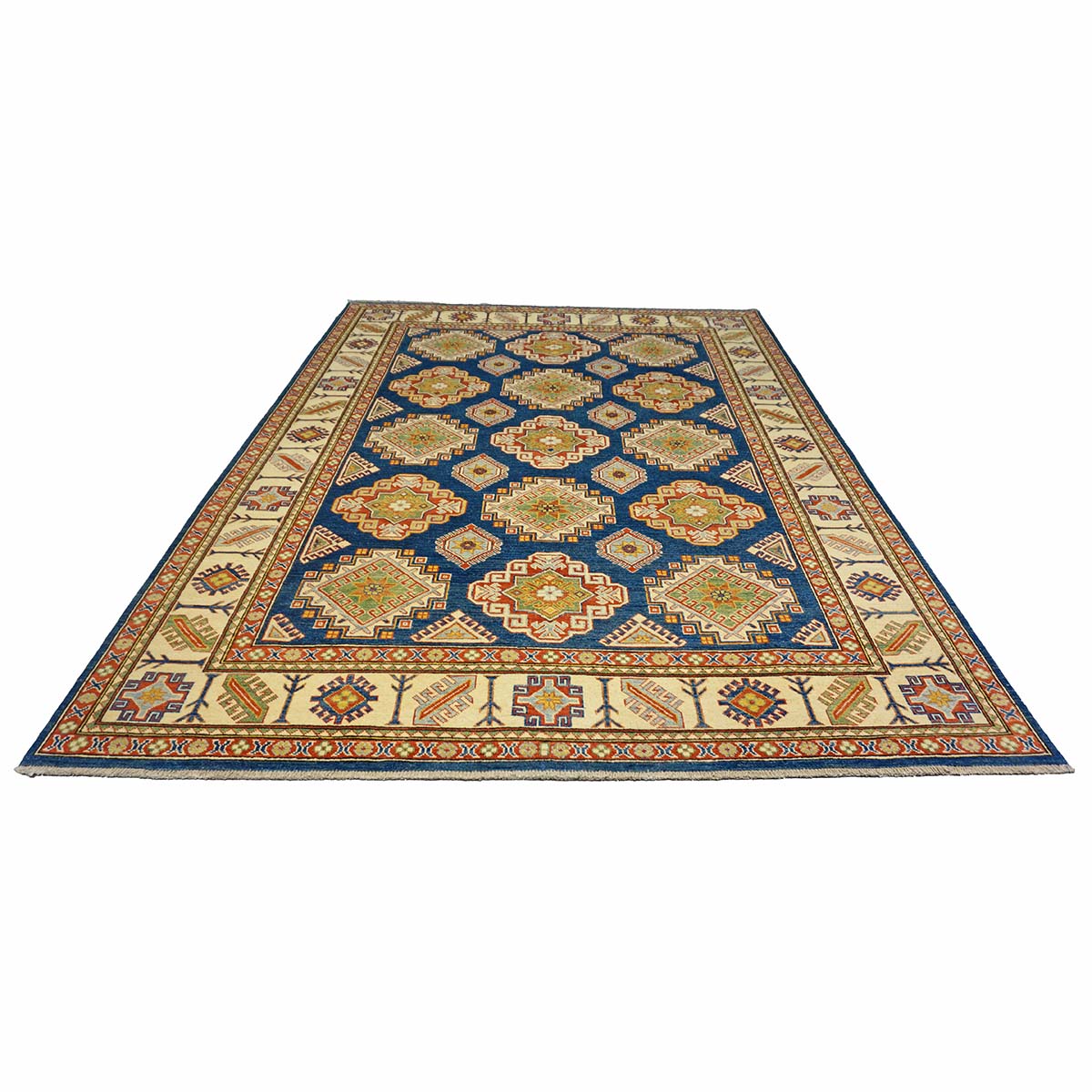Afghan Kazak Wool 8x11 Navy, Tan & Ivory Handmade Area Rug #B-131