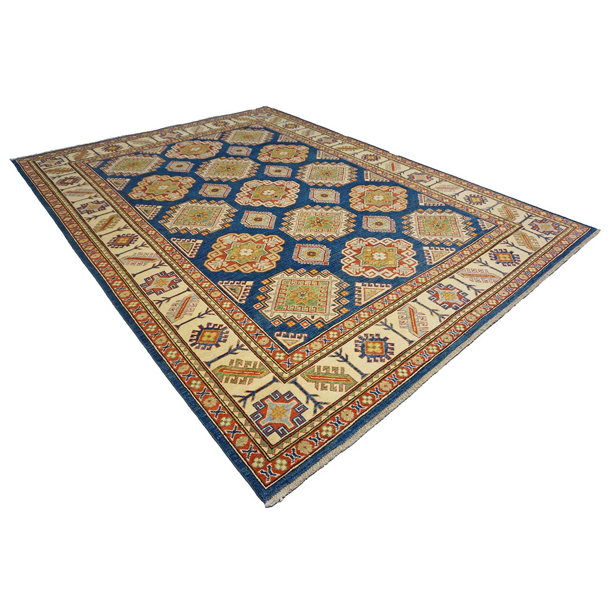 Afghan Kazak Wool 8x11 Navy, Tan & Ivory Handmade Area Rug #B-131
