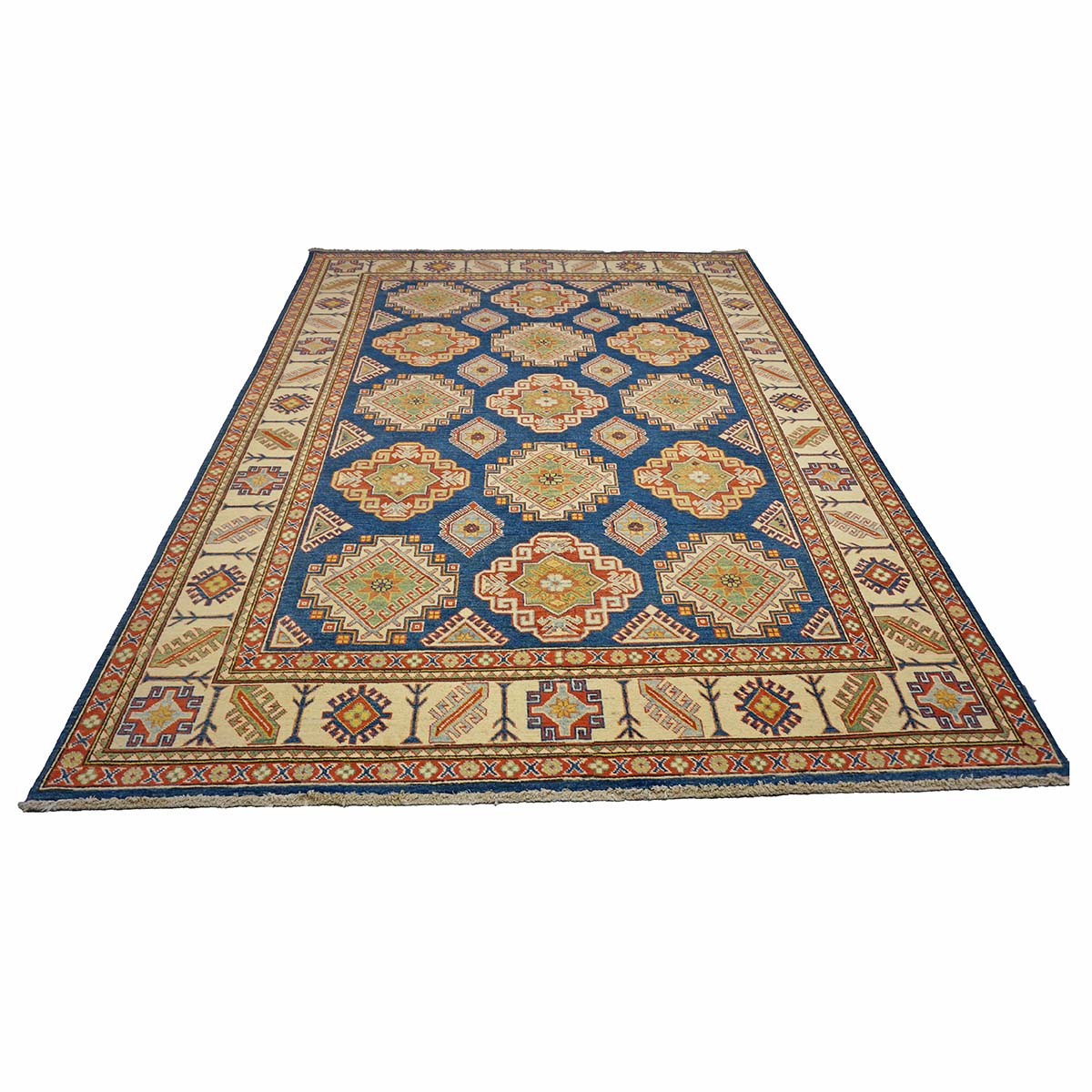 Afghan Kazak Wool 8x11 Navy, Tan & Ivory Handmade Area Rug #B-131