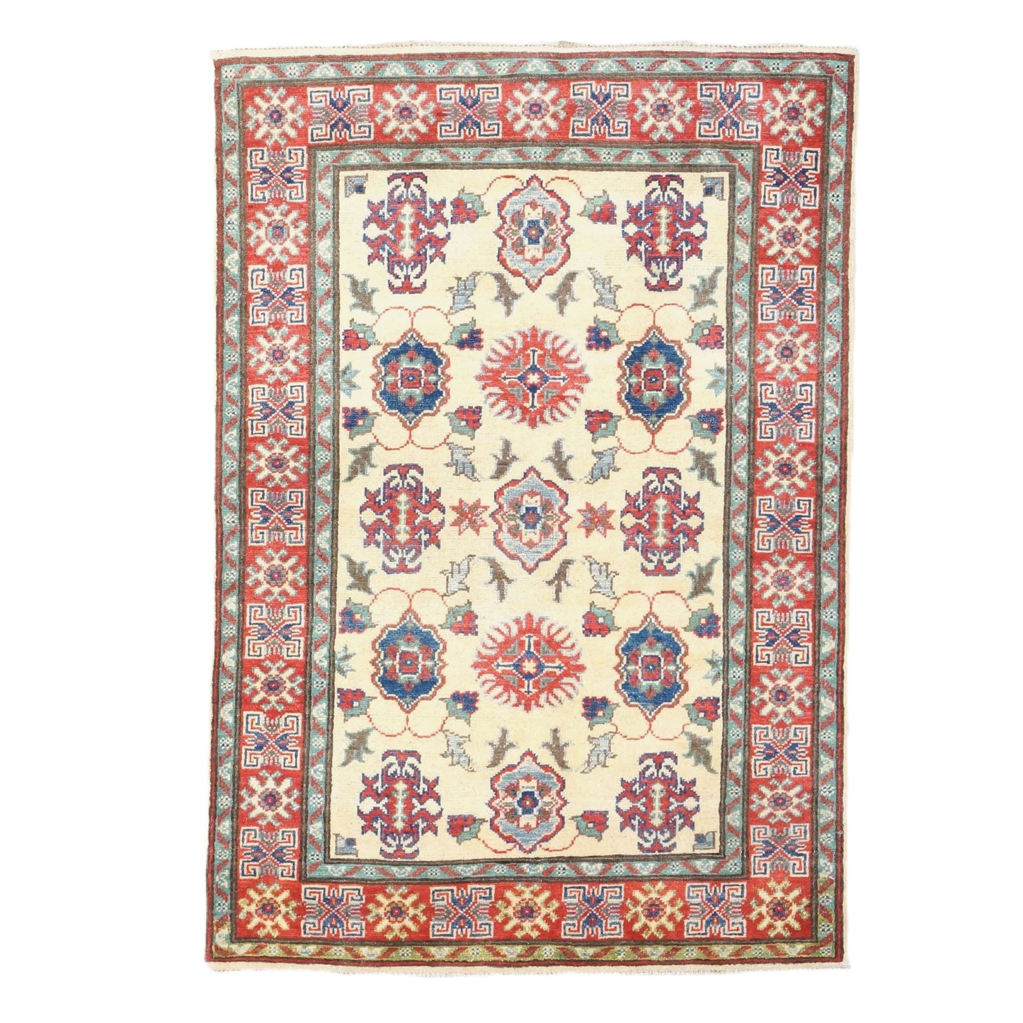 Pakistani Kazak Wool 3x5 Ivory & Red Handmade Area Rug # B-135