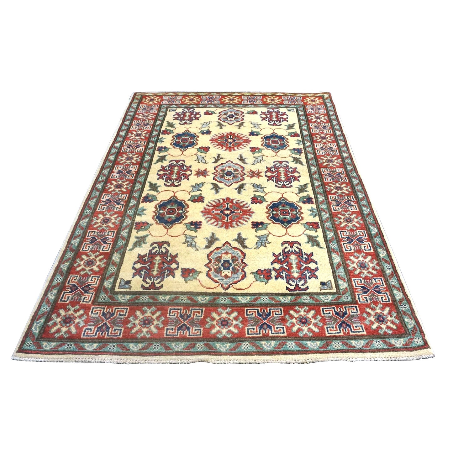 Pakistani Kazak Wool 3x5 Ivory & Red Handmade Area Rug # B-135