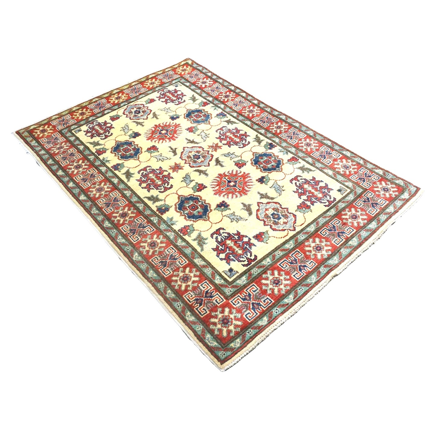 Pakistani Kazak Wool 3x5 Ivory & Red Handmade Area Rug # B-135
