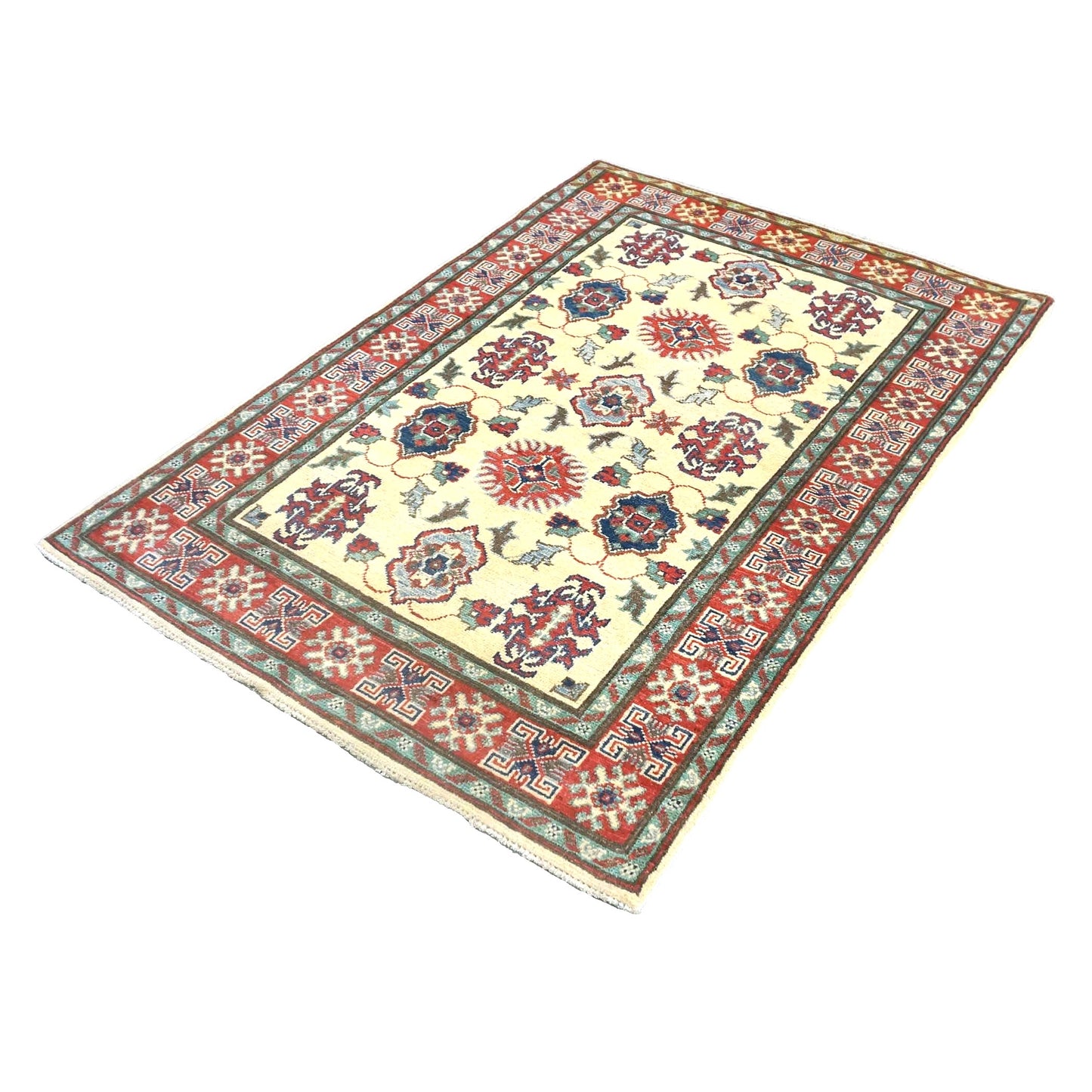 Pakistani Kazak Wool 3x5 Ivory & Red Handmade Area Rug # B-135
