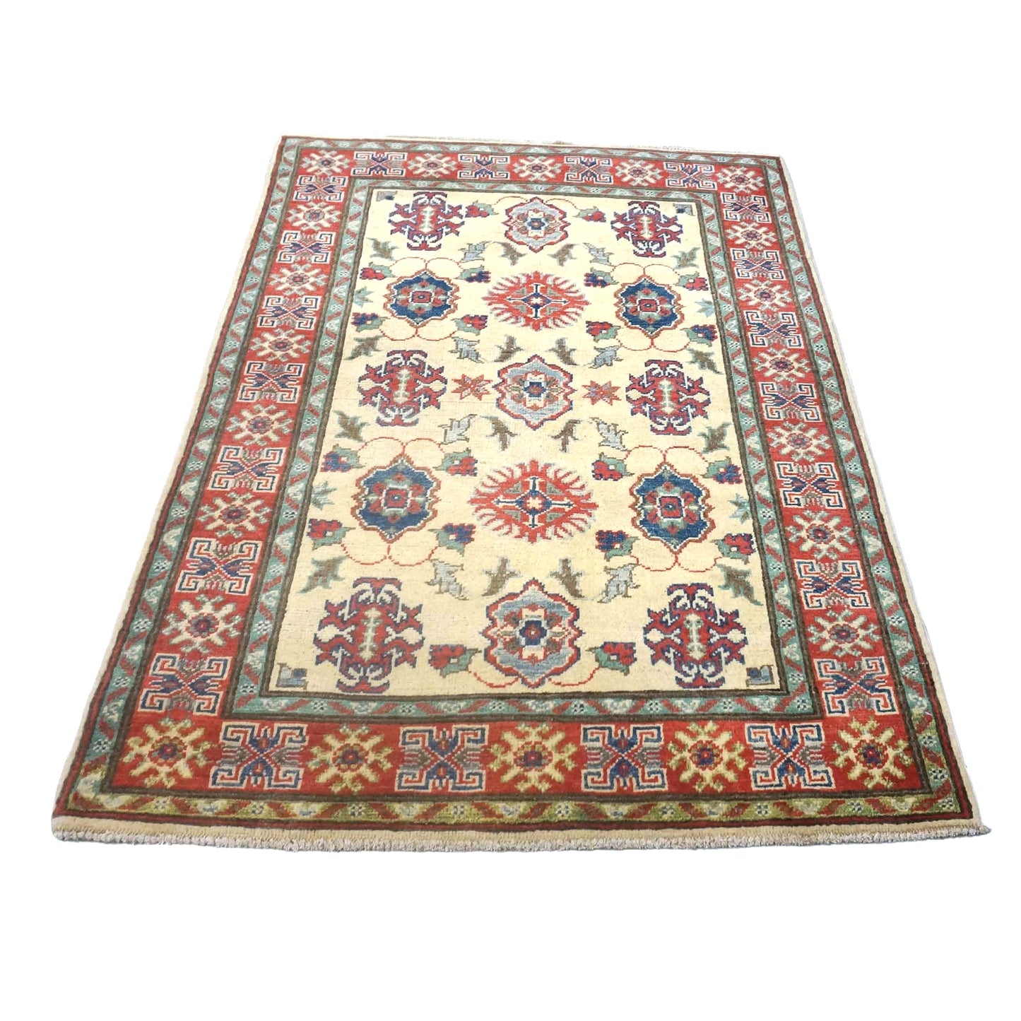 Pakistani Kazak Wool 3x5 Ivory & Red Handmade Area Rug # B-135