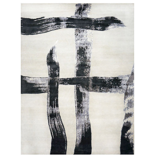 Nepalese Modern Wool & Silk 9x12 Light Grey & Black Handmade Area Rug #1144023 image 0