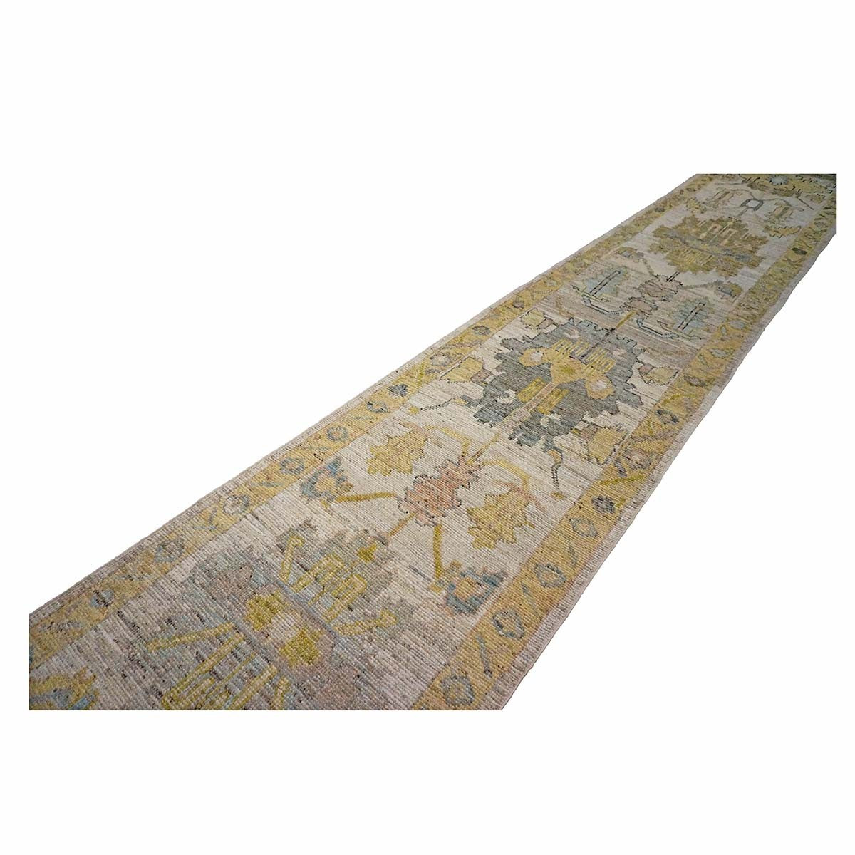 21st Century Turkish Oushak 3X18 Gold, Ivory & Charcoal Handmade Runner Rug #1144143 image 3