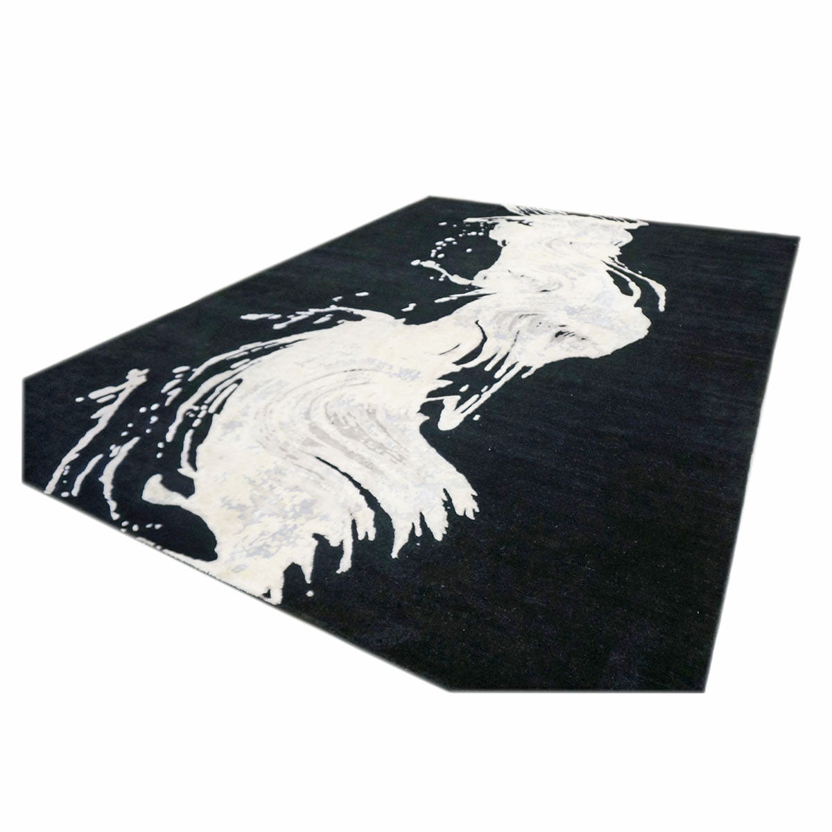 Modern Wool & Silk 9X12 Black & White Wave Design Handmade Area Rug #1144031 image 3