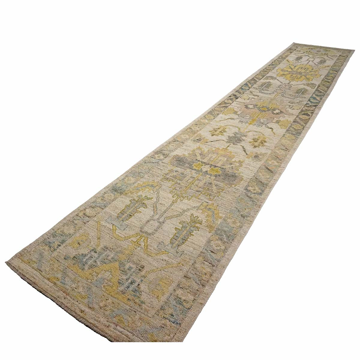 21st Century Turkish Oushak 3X18 Gold, Ivory & Charcoal Handmade Area Rug #1144136 image 3