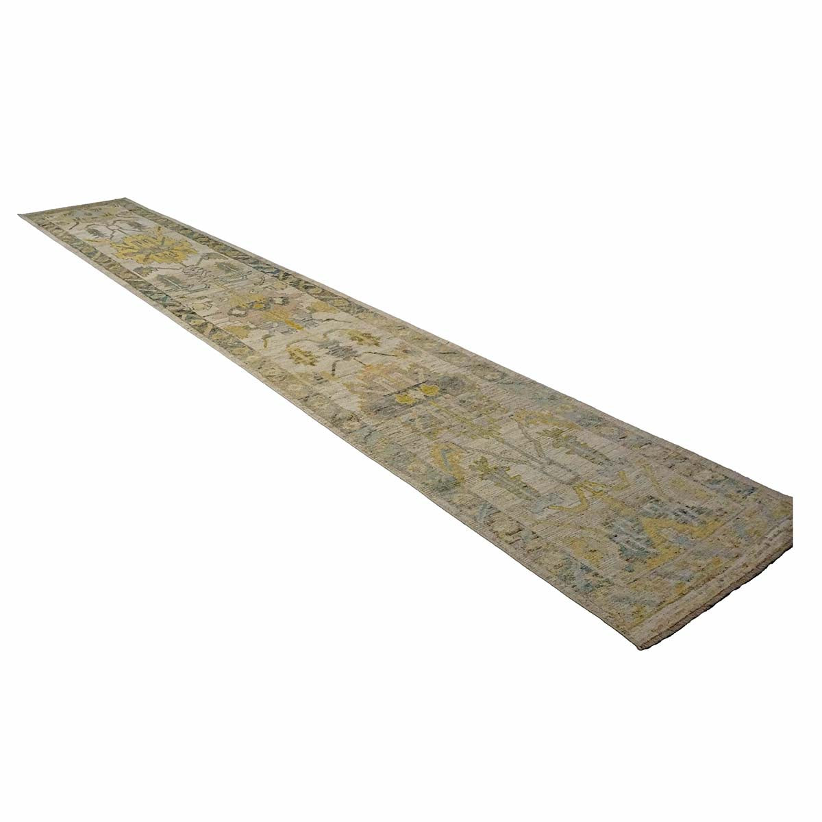 21st Century Turkish Oushak 3X18 Gold, Ivory & Charcoal Handmade Area Rug #1144136 image 2